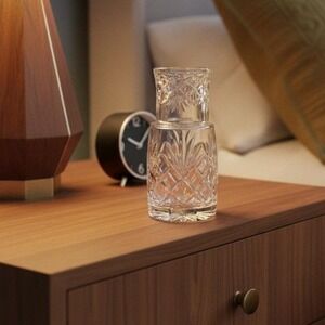 Vintage Block Cut Crystal Tumble Up Bedside Water Carafe Decanter Set EUC
